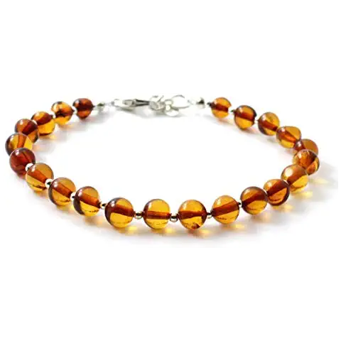 TipTopEco Baltic Amber Adult Bracelet with Silver - 7 inches - Polished Green Beads - Women or Men (Cognac, 7) Cover