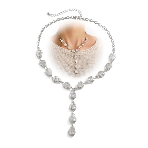 Long Chunky Gold Lariat Necklaces for Women Silver Statement Boho Teardrop Baroque Pearl Drop Pendant Choker Y Necklace Fashion Vintage Jewelry Trendy (Silver)