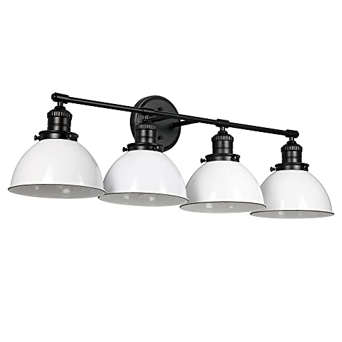 Image of Design House Savannah Rustic Farmhouse 4-Light Bathroom Vanity Light, Dimmable, Matte Black, White Metal Shade, 34.25 in x 9 in x 10.88 in, 589051-BLK | Dimmable, Wall Mount, Modern Farmhouse, Steel, Lighting, 589051-BLK