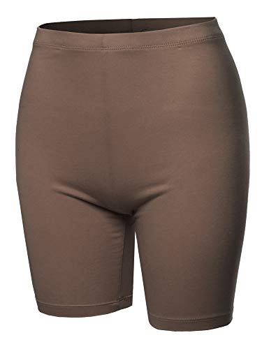 A2Y Basic Solid Cotton Mid Thigh High Rise Biker Bermuda Shorts Mocha L