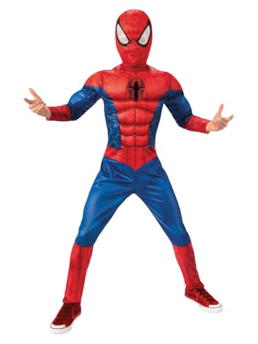 Rubies DISFRAZ SPIDERMAN BLACK LINE INFANTIL para niño, talla L, Jumpsuit deluxe con Músculos en el pecho, logo con efecto lenticular y Máscara, para Carnaval, Navidad, Fiestas y Cosplay