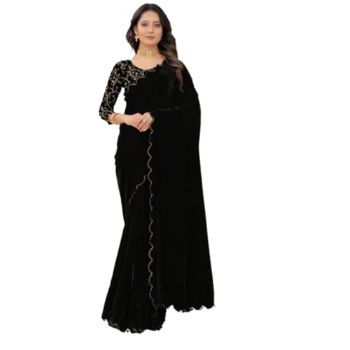 Dream Crushers Velvet Saree for Women with Embroidered Blouse Pie...