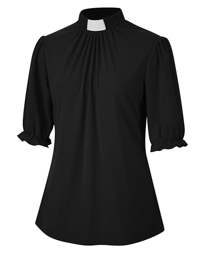 Black Half Sleeve Church Shirt Clergy Tab Insert Collar Ruffle Sleeve Priestess Shirt4