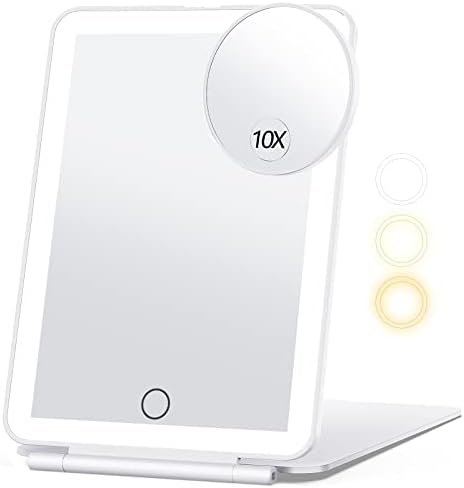 Travel Makeup Mirror with 10X Magnifying Mirror, Vanity Mirror with 80LEDs, 3 Color Lighting, Rechargeable 2000mAh Batteries, Portable Ultra Slim Lighted Makeup Mirror, Travel Essential for Women