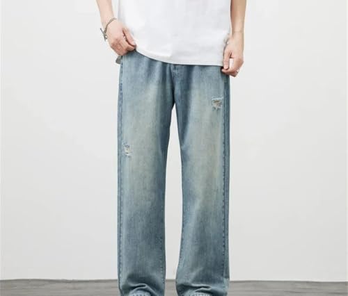 Men Distressed Straight Jeans Vintage Casual High Street Trousers Wide Leg Washed Denim Pants3