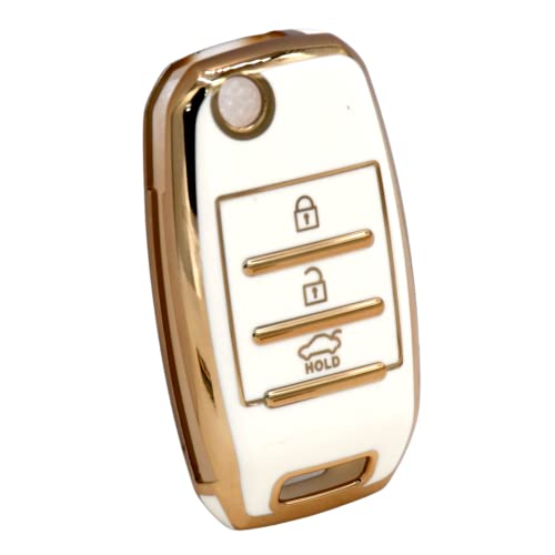 Image of KMH TPU Gold Car Smart Key Cover Compatible for Kia Seltos and Sonet 3 Push Button Smart Flip Key Shell Case Holder, Full Key Protection with Keychain (White Gold) Pack of 2