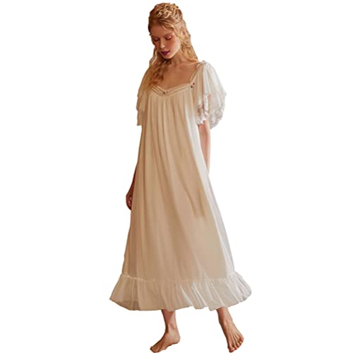 Womens' Classic Victorian Nightgown Long Lace Nightdress Princess Chemises Sleepwear Housedress Nightrobe Pajamas Lounger (White, Medium) #TOP13
