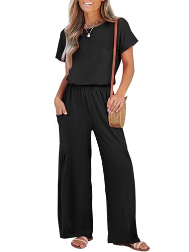 ANRABESS Jumpsuits for Women Short Sleeve Wide Leg Casual Summer One Piece Jumper Rompers 2025 Beach Vacation Travel Outfits Black Medium