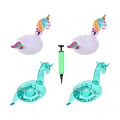 BESTOMZ Portavasos Flotantes Inflables de PVC 5 Piezas con Diseño Unicornio y Arcoíris, Incluye Inflador, Soporte para Bebidas en Piscinas y Fiestas al Aire Libre Reutilizable