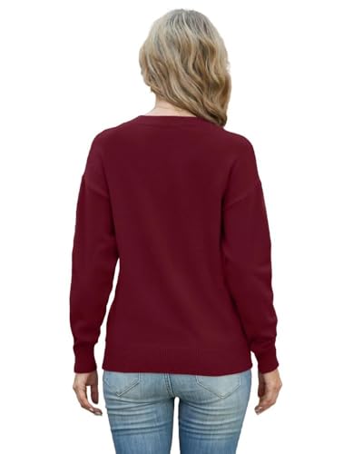 PrinStory Damen Pullover V-Ausschnitt Strickpullover Langen Ärmeln Sweatshirts Lässige Sweater Strickwaren (Weinrot, L)