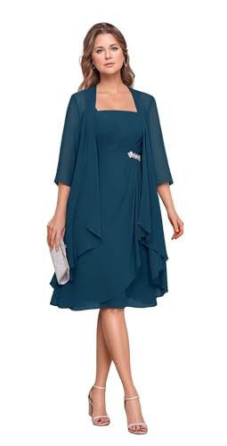 3/4 Sleeves Two Pieces Mother of The Bride Dresses with Jacket Rhinestone Chiffon Formal Women's Wedding Guest Dress