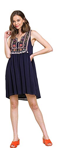 Umgee Floral Embroidered Sleeveless Split Neck Babydoll Boho Dress with Multicolored Tassels (Medium, Navy)