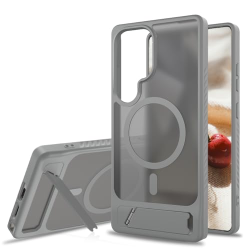 AIQIUQIU Magnetic Case for Samsung Galaxy S24 Ultra 5G [Compatible with Mag Safe][Built-in Invisible Kickstand] Mil-Grade Drop Protection Adjustable Kickstand Translucent Matte Cover Gray