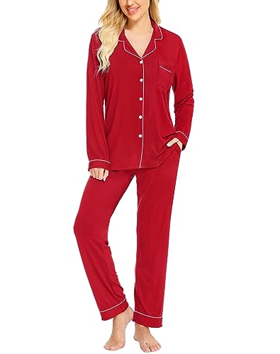 Image of SWOMOG Womens Pajamas Set Long Sleeve Sleepwear Button Down Nightwear Soft Cotton Pj Lounge Sets