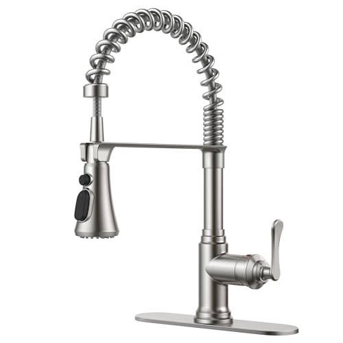 Image of FORIOUS Rustic Kitchen Faucet with Pull Down Sprayer Brushed Nickel, 3 Modes Stainless Steel High Arc Vintage Spring Sink Faucet 1 or 3 Holes for Pot Filler, Farmhouse Camper Wet Bar