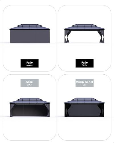 Hardtop Gazebo 12'x16' for All Weather, Double Polycarbonate Sheets Roof, Aluminum Alloy Frame, Net, and Curtain, Permanent Building for Patio, Deck, Backyard, Lawn, and Garden, Gray