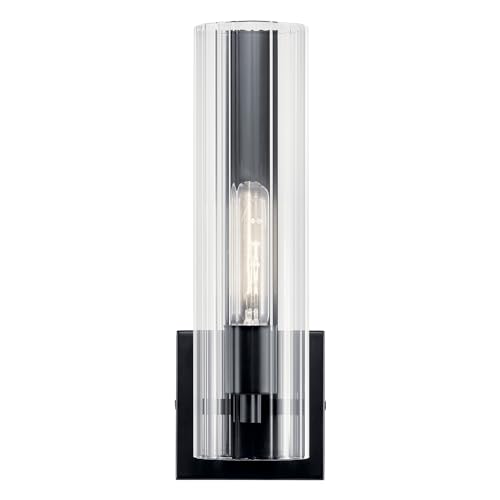Image of Kichler Jemsa 1 Light Wall Sconce, Modern Light with Clear Fluted Glass in Black for Bathroom, Powder Room, Sides of Fireplace, Down a Hallway, Kitchen, or Bedroom (14 inch x 4.75 inch), 55165BK