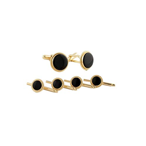Men's Gold Plated Sterling Silver Onyx Cuff Links Stud Set (SS806313)