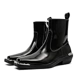 ENOEGMSD Men's Leather Chunky Heel Chelsea Boots Fashion Metal Decoration Square Toe Side Zip Dress Boots Comfortable Business Casual Ankle Boots (Black-Patent,8)