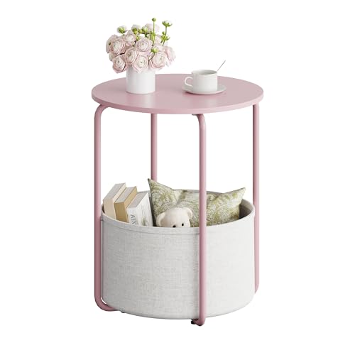 WLIVE Side Table, Round End Table with Fabric Storage Basket, Small Coffee Table, Sofa Table for Living Room, Bedside Table with Metal Frame for Bedroom, Nursery, Easy Assembly, Pink