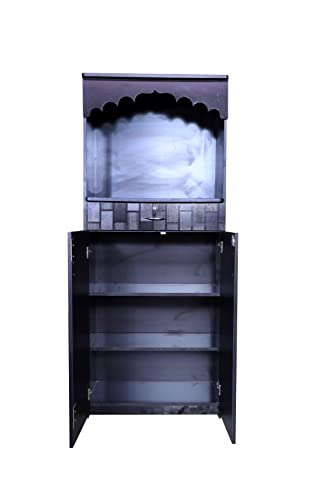 Image of Engineered Wooden Beautiful Temple for Home | Already Assembled Pooja Mandir with Drawer | Corian Design Devghar Pooja Unit (Dark Brown, LxWxH-33x76x182 cm)