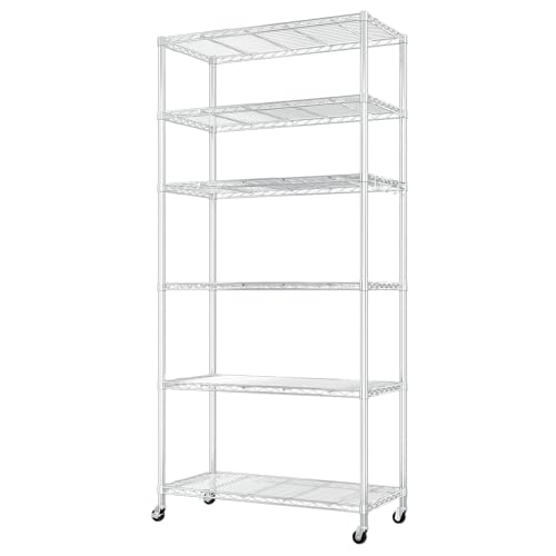 LEADZM Lagereinheit mit 5 Regalböden, auf Rollen, mit höhenverstellbaren Einlegeböden und Nivellierfüßen, mit seitlichen Haken, 90 x 45 x 200 cm, Silber (Silber, 6 stöckiges mit Rollen)