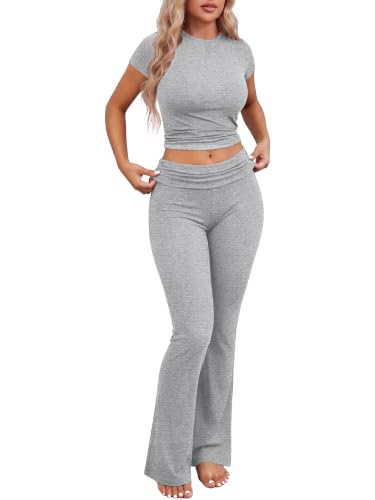 Image of Ekouaer Womens Pajama Set Short Sleeve Crop Top Foldover Flare Pants | Soft Comfy Stretchy, Summer Wear Fall Layer, High Waist Fold Waistband For Loungewear Yoga Daily Casual Wear