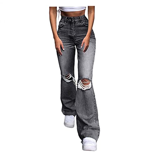 POTO Women Y2K Baggy Jeans Straight Leg Jeans High Waist Denim Pants Flared Ripped Wide Leg Jeans Trousers Streetwear Gray