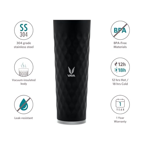 Image of VAYA DRYNK Stainless Steel Water Bottle for Office, 525ml Vacuum Insulated Flask Water Bottle with Gupler Lid, Hot and Cold Thermos Flask for Adults, Leakproof Travel Bottle, Black
