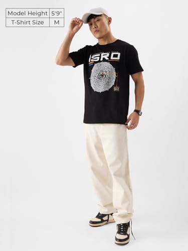Image of The Souled Store Official ISRO: Lunar Mission Mens Regular fit Half Sleeve Graphic Printed Cotton Black Color T-Shirts
