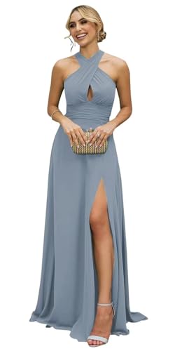 Halter Chiffon Bridesmaid Dresses for Women Long Pleated A Line Formal Evening Party Gown with Slit
