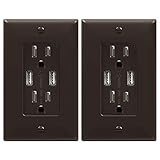 TOPGREENER 3.6A USB Wall Outlet Charger(Upgraded), 15A Duplex Tamper-Resistant Receptacles Plug, Charging Power Outlet with USB Ports, Electrical USB Socket, UL Listed, TU2153A-BR-2PCS, Brown
