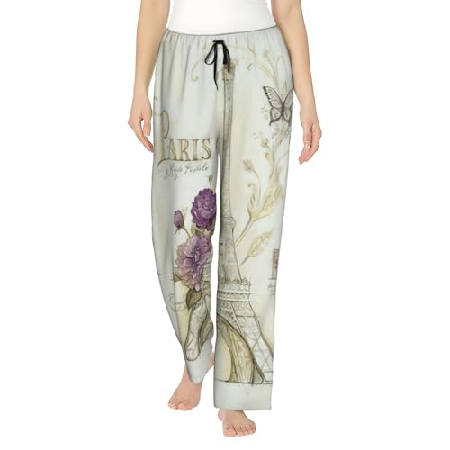 Pantalon de pyjama polyester doux imprimé Tour Eiffel pour femme avec poches confort