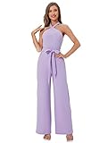 WDIRARA Women's Sleeveless Halter Tied Backless High Waist Belted Wide Leg Pants Elegant Jumpsuit Rompers Purple M
