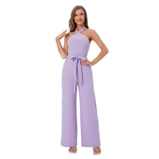 WDIRARA Women's Sleeveless Halter Tied Backless High Waist Belted Wide Leg Pants Elegant Jumpsuit Rompers Purple M