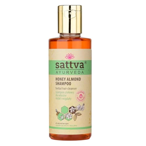 Sattva Ayurveda Honey & Almond Shampoo – Champú ayurvédico suave para todo tipo de cabello y cuero cabelludo sensible, limpieza suave sin siliconas ni sulfatos, 210 ml