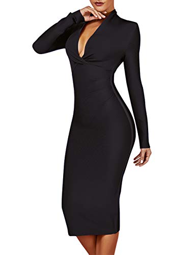 UONBOX Women's Deep Plunge V Neck Long Sleeves Draped Knee Length Bodycon Bandage Dress2