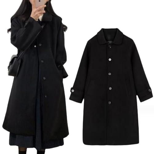 [Icyrain] チェスターコート レディース 秋 冬 ロングコート 大きいサイズ 【25年改良・裏地付き】ロング丈 ゆったり 体型カバー おしゃれ 無地 きれいめ(L, 黒)