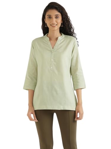 Image of SAADAA Women Short Kurti Airy Linen Regular Fit Kurta with 3 /4th Sleeves, Mandarin Collar, Side Slit Perfect for Casual, Formal, and Ethnic Wear