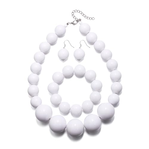 EVER FAITH Chunky Large Beads Strand Necklace for Prom, Resin Beaded Boho Bib Statement Choker Necklaces Hook Dangle Earrings Stretch Bracelet 1920s Costume Jewelry for Women