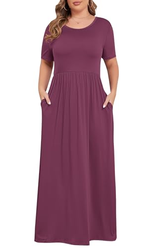 Image of KARALIN Women Plus Size Maxi Dress Short Sleeve Round Neck Loose Fit A-Line | Plus Size Long Dress,Summer Casual Maxi Dresses,Short Sleeve,Side Pockets,Round Neck,Elastic Waist,14 Plus - 26 Plus