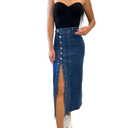 Womens Button-Down Denim Skirts Casual Side Slit Knee Length Stretch Jean Skirts