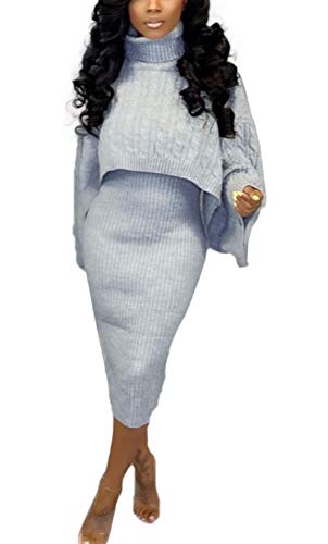 Women Two Piece Outfit Turtleneck Bat Sleeves Rib-Knit Pullovers Sexy Skinny Midi Club Dress