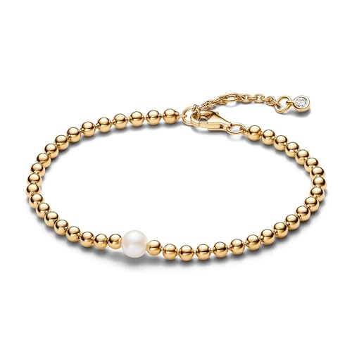 Pandora Timeless Pulsera con cuentas chapada en oro de 14 quilates con perla blanca cultivada de agua dulce tratada y circonitas cúbicas transparentes, 18