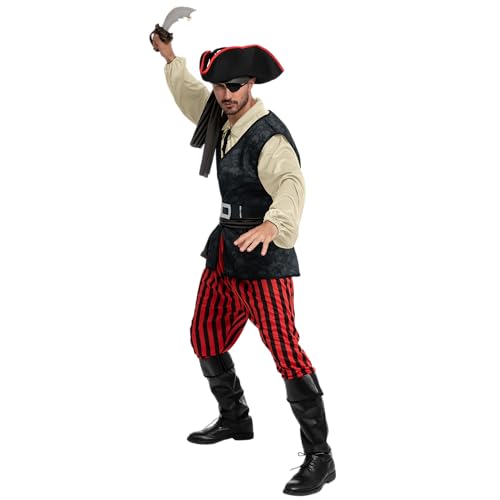 Spooktacular Creations Men Pirate Costume, Adult Pirate Shirt Vest Viking Pants Hat Set for Halloween Themed Parties