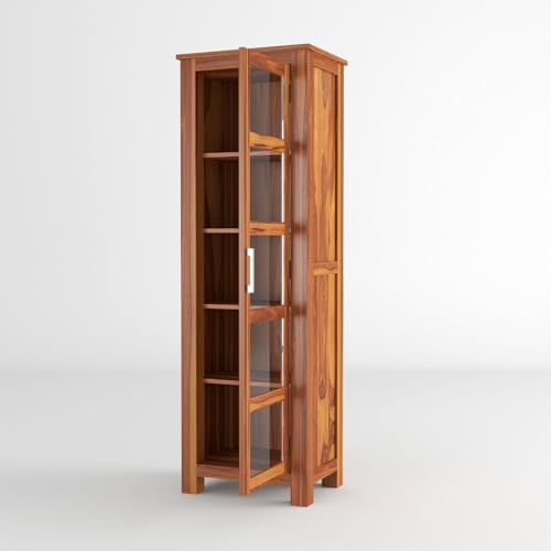 Image of Sheesham Wood Corner Book Shelf with Acrylic Glass Door | Wooden Sideboard Crockery Cabinet with 5 Shelf Storage | Kitchen Display Unit | Bookshelf for Home Library | Honey Finish