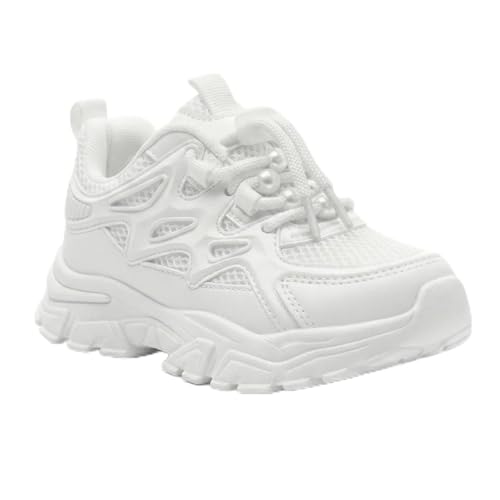Trainers for Girls Casual Sneakers School Sports Running Shoes Toddler Breathable Soft Walking Tennis Mesh Upper Non-Slip Chunky Thick Sole Easy Fasten New White 11 UK Child