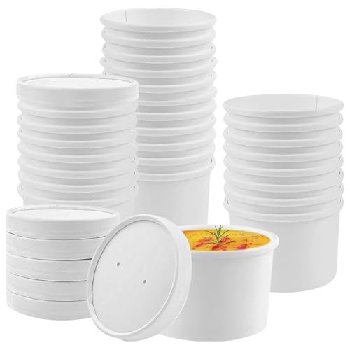 CaterCo Disposable White Soup Containers with Lids - (8oz / 240ml - 50 Pack) - White Paper Takeaway Paper Soup Cups, Microwave & Freezer Safe Ice Cream Bowl, Eco-Friendly (8oz / 240ml - 50 Pack)
