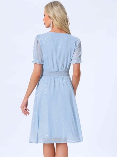Image of Allegra K Party Midi Dress for Women Ruffle Short Sleeve Elastic Waist A-Line Metallic Star Dresses