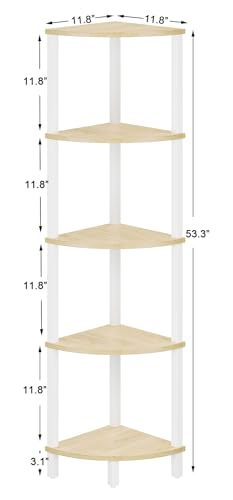 VIMBER Corner Shelf, 5-Tier Corner Bookshelf, Industrial Corner Ladder Shelf, Rustic Display Shelf for Living Room, Bedroom, Kitchen, Home Office, White and Nature Wood Color UJSJ001Q
